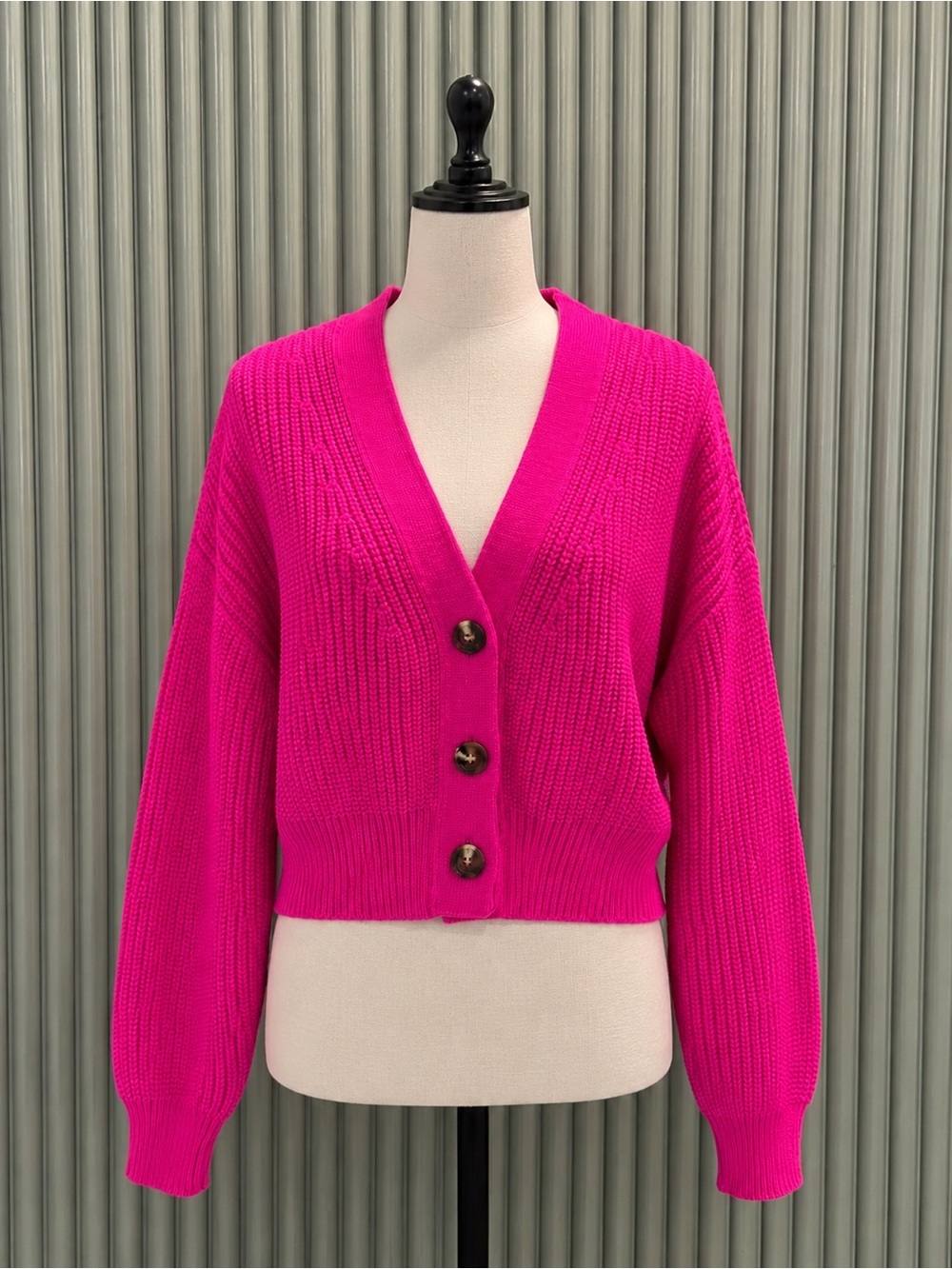 Anthropologie Cropped V-Neck Button Front Sweater Cardigan - Hot Pink